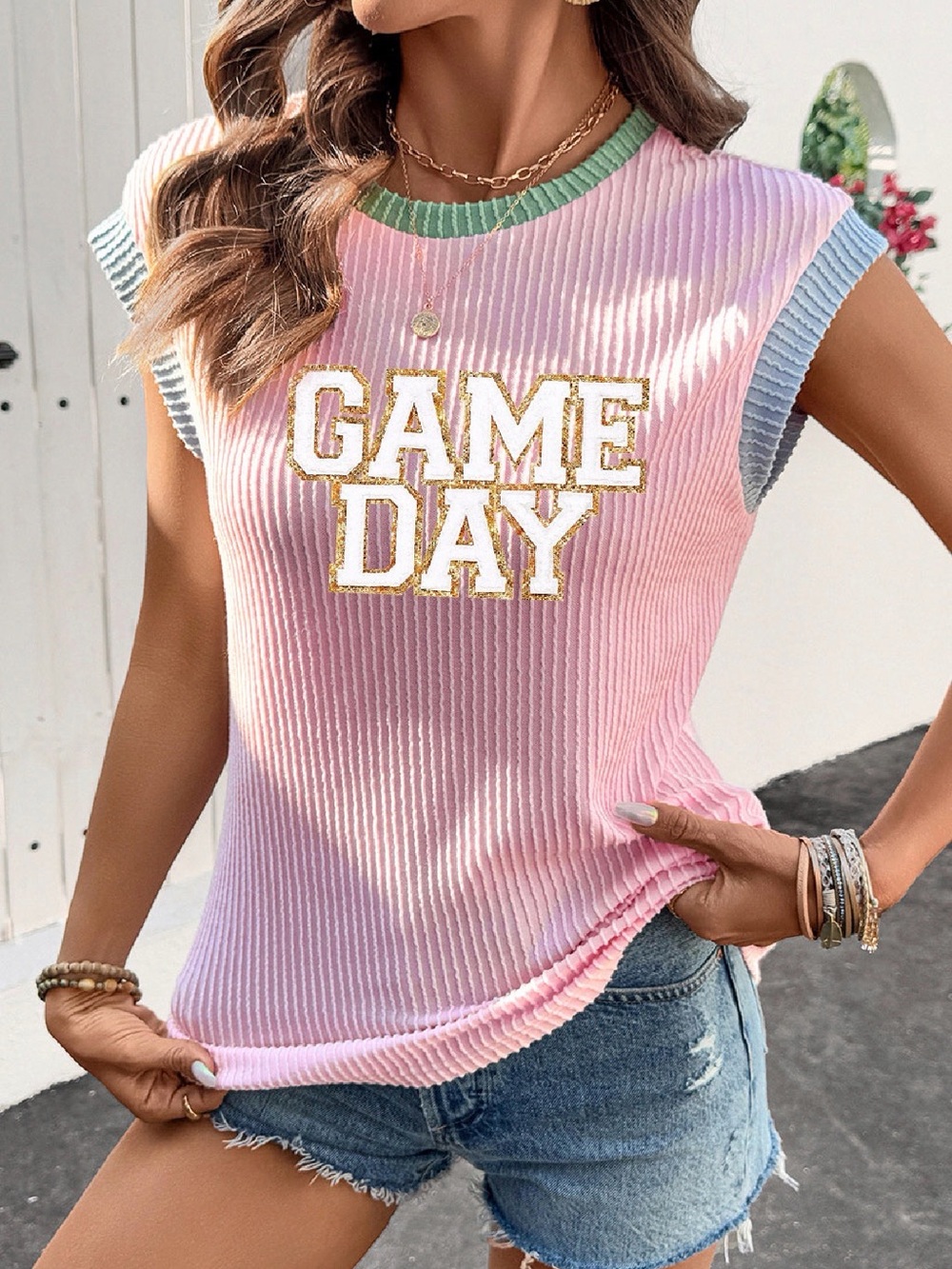 Pink Sequin GAME DAY Graphic Corded Rib Knit Colorblock